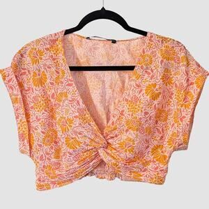 Zara Linen Blend Floral Twist Front Crop Top S Pink Orange Smocked Boho Resort